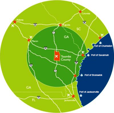 Local Area Map of Toombs County near Savannah, GA